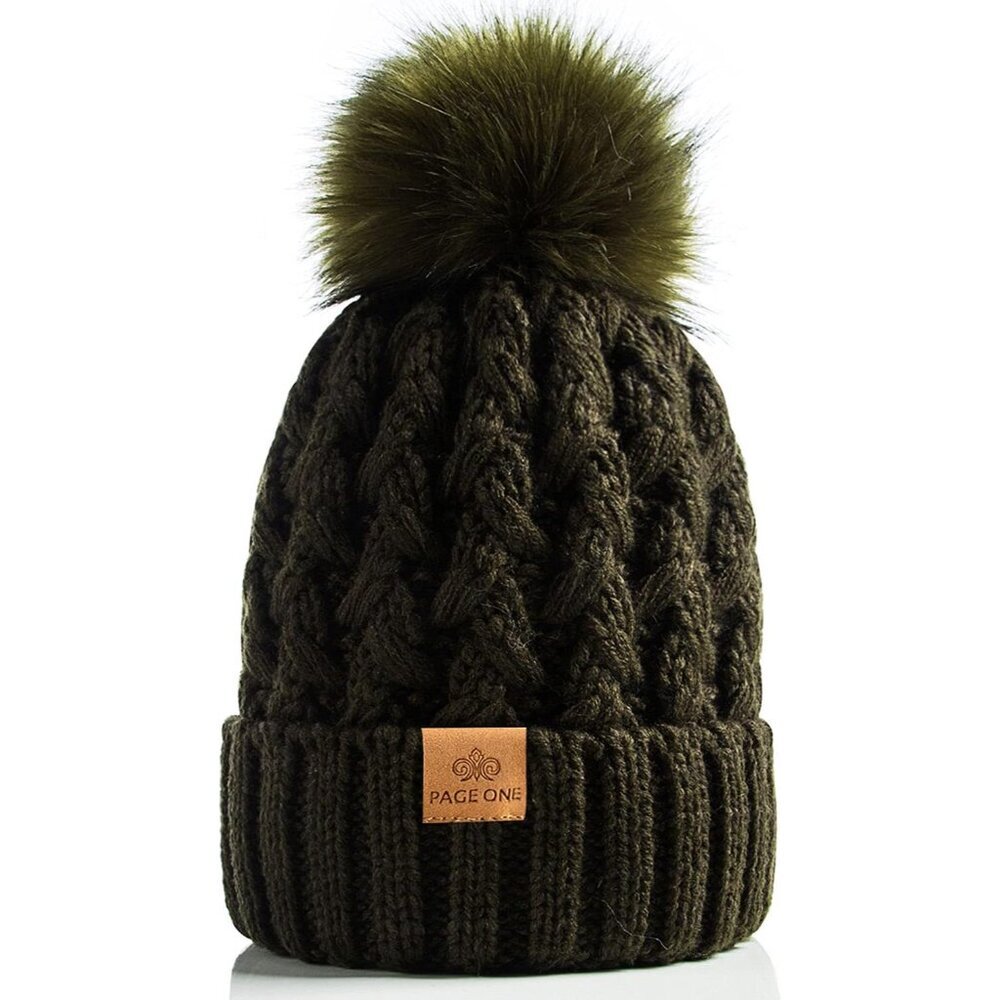 Womens Winter Ribbed Beanie Crossed Cap Chunky Cable Knit Pompom Soft Warm Hat